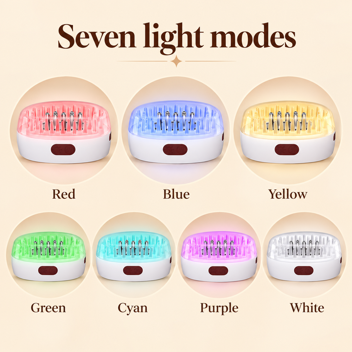 The LED Brush seven light modes: red, blue, yellow, green, cyan, purple and white