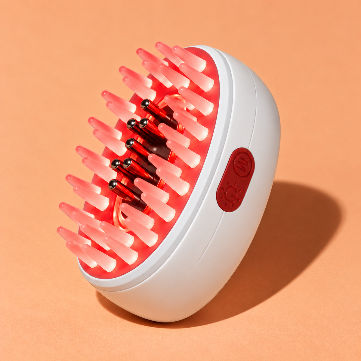 The LED Brush – white palm-sized scalp massage brush glowing red